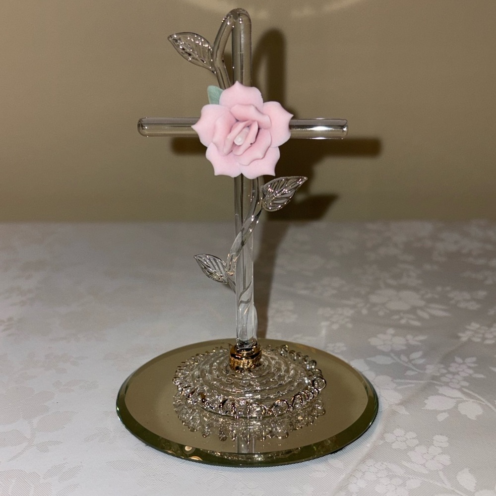 EUC Handcrafted Glass Baron Cross w Pink Rose, Crystals, Mirror